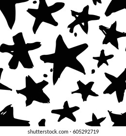 Hand drawn paint seamless pattern. Black and white stars background. Abstract brush drawing. Grunge Vector art illustration