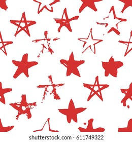 Hand drawn paint seamless pattern. Red and white stars brush drawing. Grunge Vector art illustration. Independence Day USA background