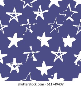 Hand drawn paint seamless pattern. Blue and white stars brush drawing. Grunge Vector art illustration. Independence Day USA background