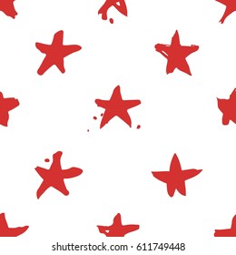 Hand drawn paint seamless pattern. Red and white stars brush drawing. Grunge Vector art illustration. Independence Day USA background
