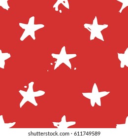 Hand drawn paint seamless pattern. Red and white stars brush drawing. Grunge Vector art illustration. Independence Day USA background