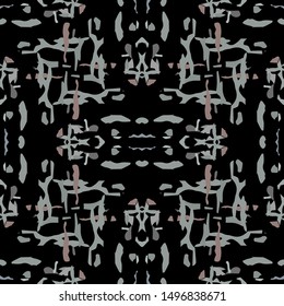 Hand Drawn, Paint Texture. Shibori Seamless Pattern. Traditional Graphic Hand Drawn Painted.  Black Gray Native Tribal Traditional Rug.  Geometric Geometry Ikat  Motif.