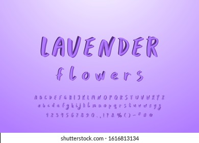 Hand drawn paintbrush alphabet  Original 3D vector font  lavender colors  Uppercase   lowercase letters  numbers  signs  Lilac  lavender gradient color background