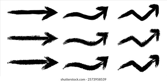 Hand drawn painted arrow, set of arrows. Black simple grunge arrows collection. Vector illustration on white background.	