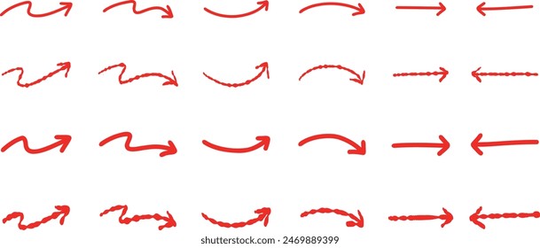 hand drawn painted red arrow, set of arrows. vector illustration on transparent background