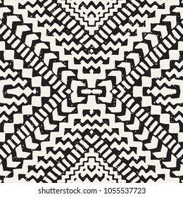 Hand drawn painted seamless pattern. Vector tribal design background. Ethnic motif. Geometric ethnic stripe lines illustration. Black and white colors.
