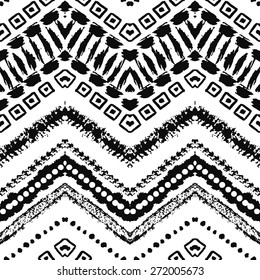 Hand drawn painted seamless pattern. Vector illustration for tribal design. Ethnic motif. Zigzag and stripe line. Black and white colors. For invitation, web, textile, wallpaper, wrapping paper.