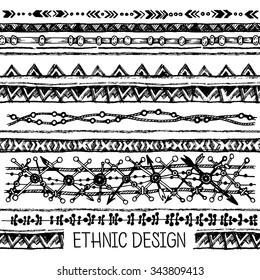 Hand drawn painted seamless pattern. Tribal ethnic seamless. Black and white colors. For invitation, web, textile, wallpaper, wrapping paper. Set of ink ethnic stripes