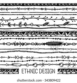 Hand drawn painted seamless pattern. Tribal ethnic seamless. Black and white colors. For invitation, web, textile, wallpaper, wrapping paper. Set of ink ethnic stripes