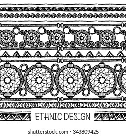 Hand drawn painted seamless pattern. Tribal ethnic seamless. Black and white colors. For invitation, web, textile, wallpaper, wrapping paper. Set of ink ethnic stripes