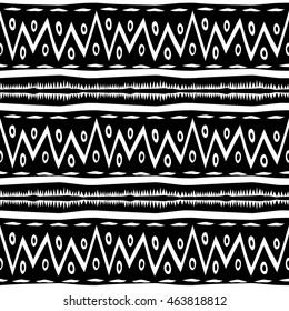 Hand drawn painted seamless pattern. illustration for tribal design. Ethnic motif. Zigzag and stripe line. Black and white colors.