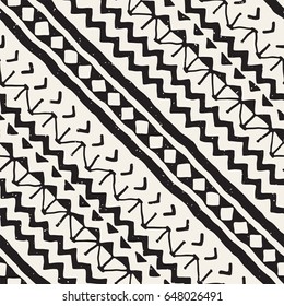 Hand drawn painted seamless pattern. Vector tribal design background. Ethnic motif. Geometric ethnic stripe lines illustration. Black and white colors. For prints, textile, wallpaper, wrapping paper.