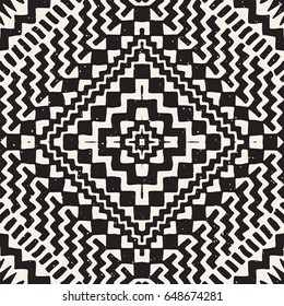 Hand drawn painted seamless pattern. Vector tribal design background. Ethnic motif. Geometric ethnic stripe lines illustration. Black and white colors. For prints, textile, wallpaper, wrapping paper.