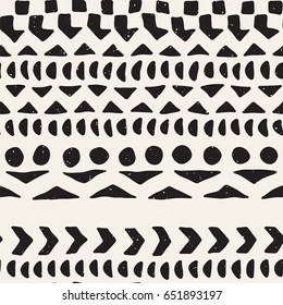 Hand drawn painted seamless pattern. Vector tribal design background. Ethnic motif. Geometric ethnic stripe lines illustration. Black and white colors. For prints, textile, wallpaper, wrapping paper.