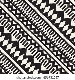 Hand drawn painted seamless pattern. Vector tribal design background. Ethnic motif. Geometric ethnic stripe lines illustration. Black and white colors. For prints, textile, wallpaper, wrapping paper.