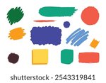 Hand drawn painted strokes, box, bubble. Colorful texture elements, marker shapes set isolated flat vector illustration on white background.