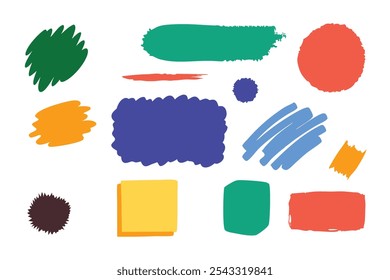 Traços pintados desenhados à mão, caixa, bolha. Elementos de textura coloridos, formas de marcador definem ilustração isolada de vetor plano no plano de fundo branco.