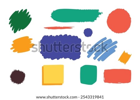 Hand drawn painted strokes, box, bubble. Colorful texture elements, marker shapes set isolated flat vector illustration on white background.