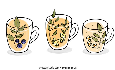 Hand Drawn Painted Tea Vector Illustration. Vector illustration of collection of popular drinks in cartoon flat style.