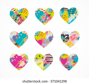 Hand drawn, painted vector colorful heart icons set