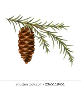Hand drawn and hand painted with watercolor effect pine cone with conifer branch. Christmas and New Year green conifer plant elements. Tree Art Design. Isolated on white background.
