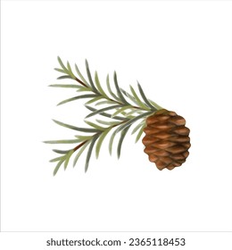 Hand drawn and hand painted with watercolor effect pine cone with conifer branch. Christmas and New Year green conifer plant elements. Tree Art Design. Isolated on white background.

