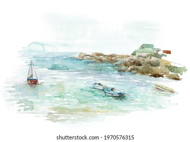 Hand drawn painted watercolor seascape isolated on white background. Maritime landscape with boats.