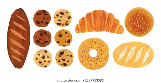 Hand drawn painting bakery set, isolated on white background.  Delicious Chocolate chip cookie, bread, croissant, baguette, bagel, bun illustration.