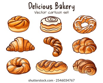 Pintura desenhada à mão de uma coleção de sortimento Delicious Bakery. Padaria, conceito de culinária. Ilustração de vetor plano isolada no plano de fundo branco