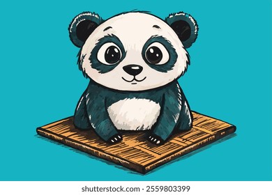 hand drawn painting of panda on blue isolated background