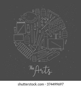 Hand drawn painting tools composed in circle shape. Palette, brushes, easel, sketchbook paper, moist colors, artist paints, knifes, pencils, markers.