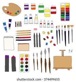 Hand drawn painting tools isolated on white background. Palette, brushes, easel, sketchbook paper, moist colors, artist paints, knifes, pencils, markers.