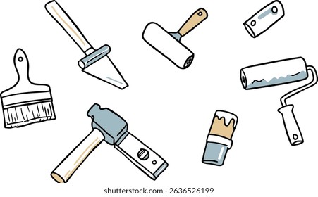 Hand Drawn Painting Tools Paint Brush Roller and Hammer