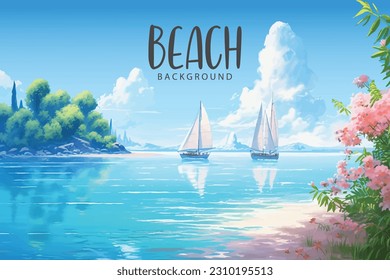 pintura dibujada a mano de playa de verano tropical con flores y fondo de botes