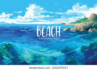 hand drawn painting of tropical summer beach background with stone