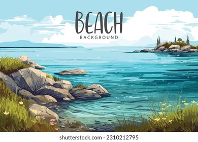 hand drawn painting of tropical summer beach with stones background