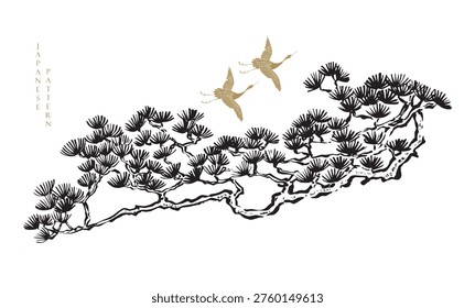Hand drawn paintnig of Bonsai tree and crane birds in Tradtional style.