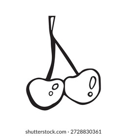 Hand drawn pair of cherries in black line art, whimsical doodle illustration isolated on white background, minimal vintage style fruit symbol for branding, packaging, stickers and decor.