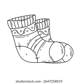 Hand drawn pair of cozy warm socks. Doodle element isolated on white background. Editable stroke vector symbol of autumn and winter season