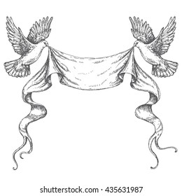 Hand drawn pair of flying doves with banner ribbon. Black and white image. Space for text. Two pigeons vector sketch.