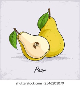 Par desenhado à mão de peras amarelas orgânicas cheias e cortadas com folhas verdes, ricas em vitaminas