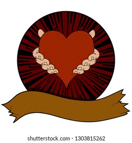 Hand Drawn Pair of Hands Holding a Red Heart Over Vintage Textured Border and Blank Brown Banner