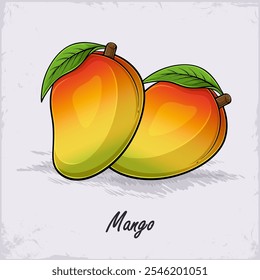 Hand drawn pair of juicy red, yellow tasty tropical exotic fresh mangos with green leaves on top 