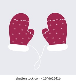 Hand drawn pair of knitted decorated winter mittens. Symbol of New Year, Xmas, winter. Flat design for card Vector illustration.