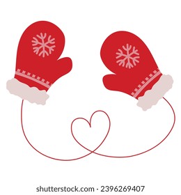Hand drawn pair of knitted red Christmas mittens isolated on white background. Vector illustration 