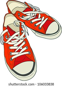 Hand drawn pair of red sneakers on white background. Vector illustration.