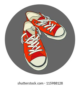 Hand drawn pair of red sneakers on the grey background. Vector illustration.