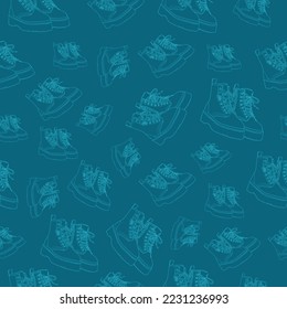 hand drawn pair of sneakers. linear art. seamless pattern on a blue background