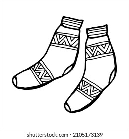 Hand drawn pair of socks in doodle style. Black and white vector illustration