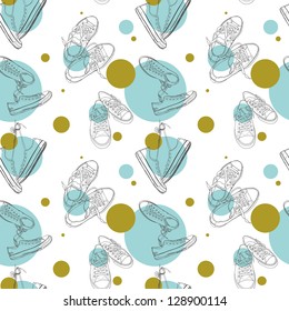 Hand drawn pairs of sneakers outlines seamless pattern. Vector illustration.